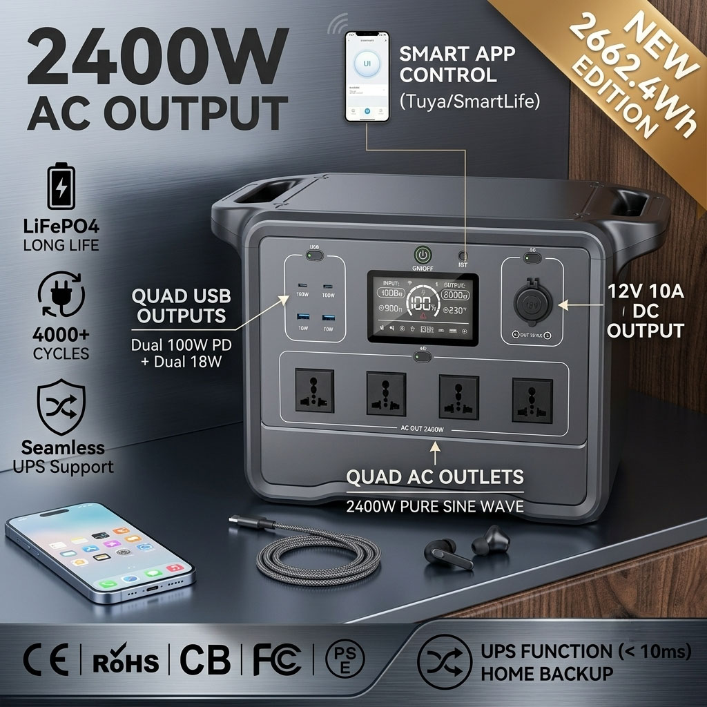 Portable Power Station 2000W Lifepo4 - Centrale électrique portable 2400W LiFePO4, générateur